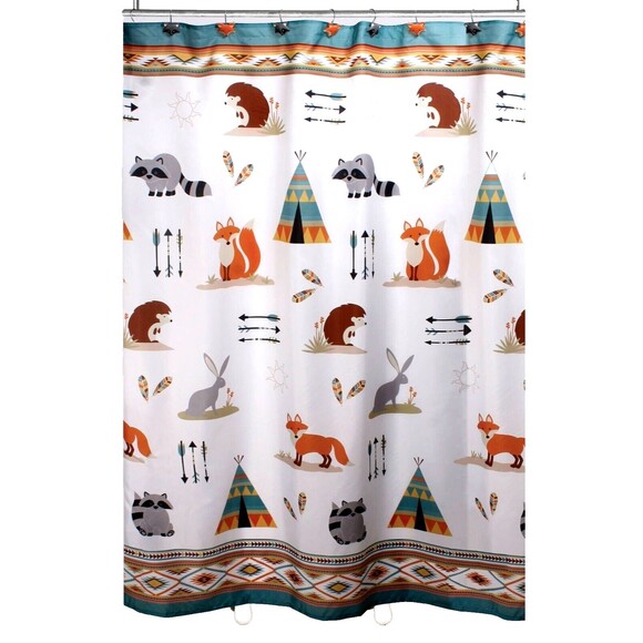 Woodland Animals Shower Curtain Fabric Hedgehog Fox Teepee Rabbit Arrows NEW - Picture 1 of 6
